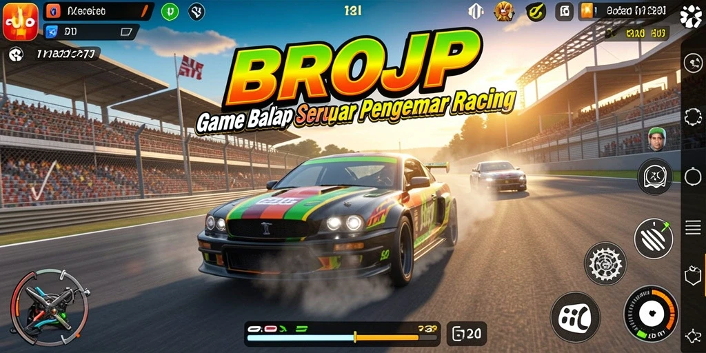 Gameplay BROJP dengan mobil balap di trek yang menegangkan.