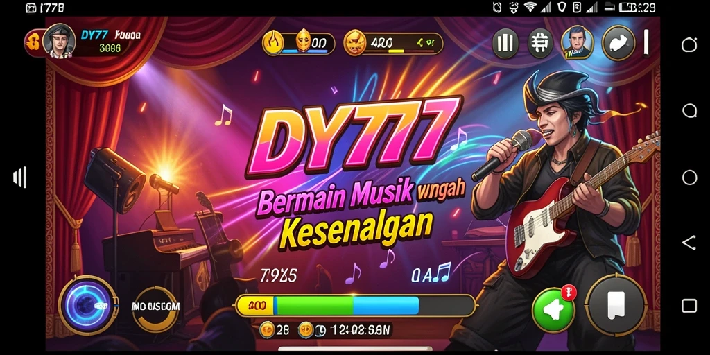 Menampilkan gameplay interaktif dari aplikasi DY777 dengan alat musik.