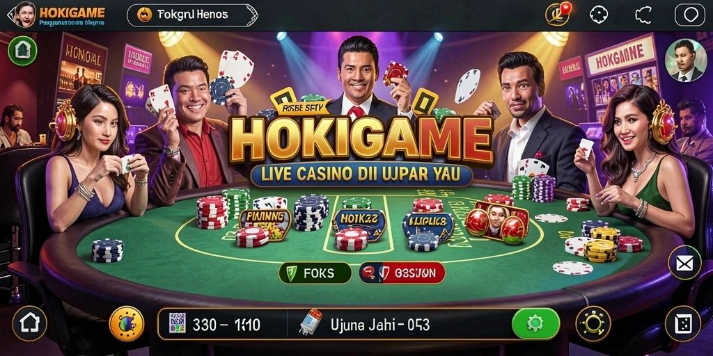Screenshot gameplay HOKIGAME menampilkan dealer profesional dan suasana kasino yang hidup.