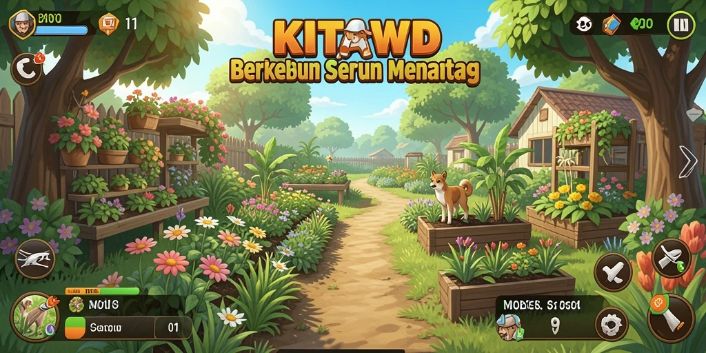 Screenshot gameplay KITAWD menampilkan peternakan yang indah dan interaktif.