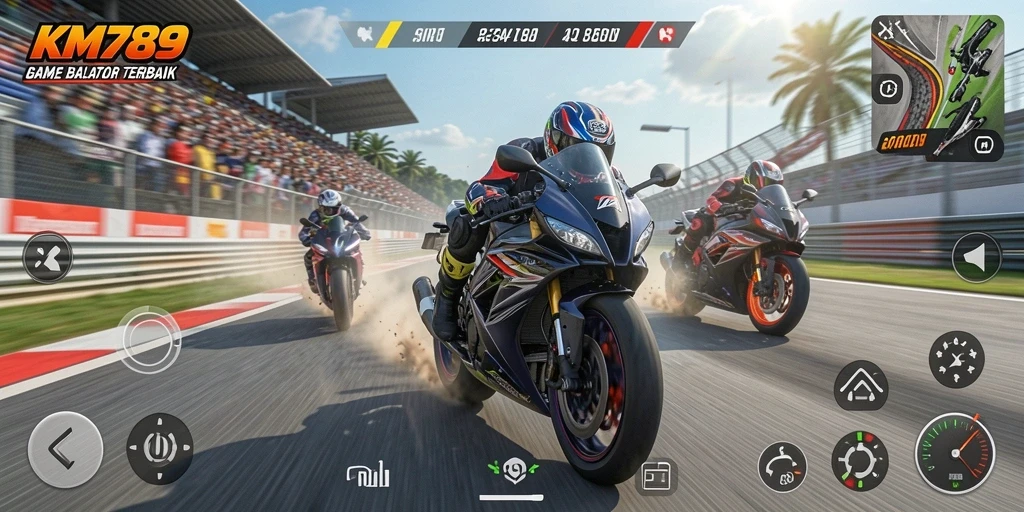 Tampilan gameplay mendebarkan dalam KM789 saat balapan motor.