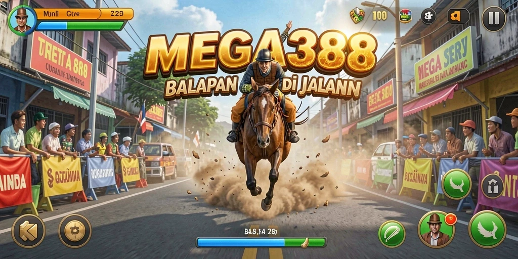 Gameplay MEGA388 yang menegangkan dengan balapan cepat dan menarik.