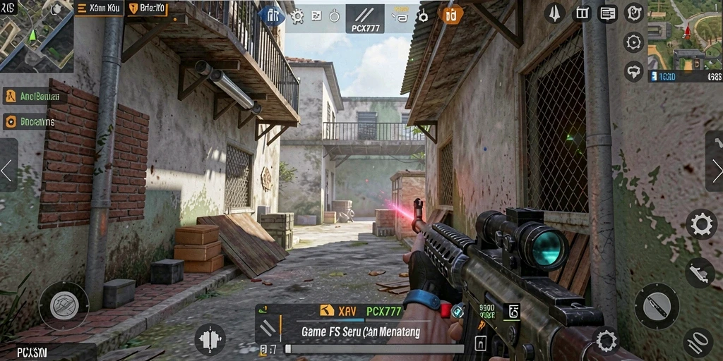 Screenshot PCX777 menunjukkan aksi mendebarkan dalam game FPS.