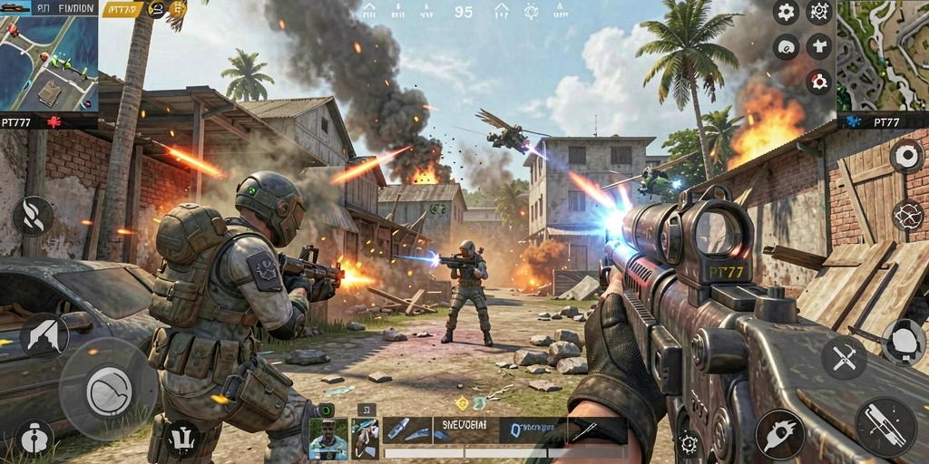 Tampilan gameplay PT777 yang intens dan mendebarkan dalam pertempuran FPS.