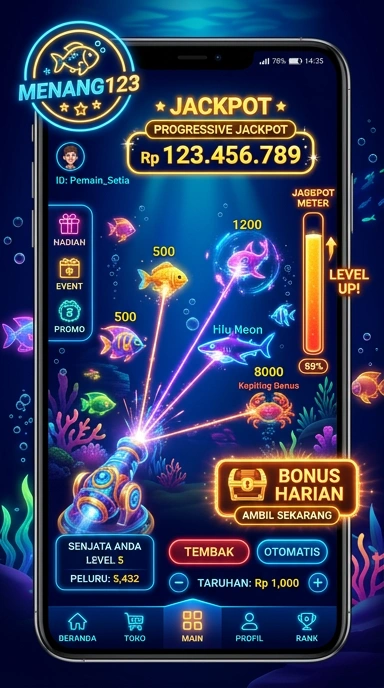 Screen aplikasinya menunjukkan berbagai kategori di menang123.